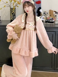 Winter Coral Fce Spwear Women's Cute Lace Long Sve Thi Plu Home Clothes Sweet Sle Loose Fit Comfortable Soft