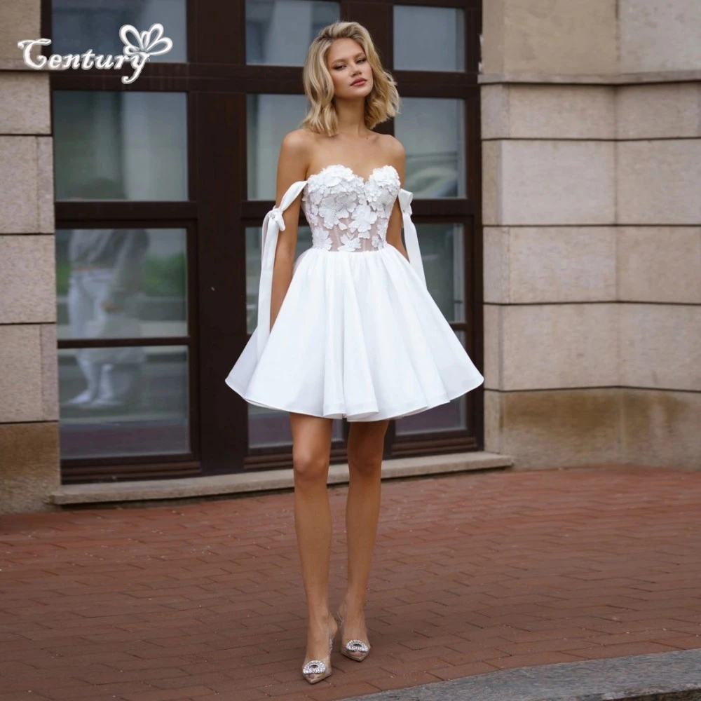 

Satin Short Wedding Dress Women Off the Shoulder Sweetheart Lace Appliques Above Knee Mini Bridal Gowns Bride DressesCustomized