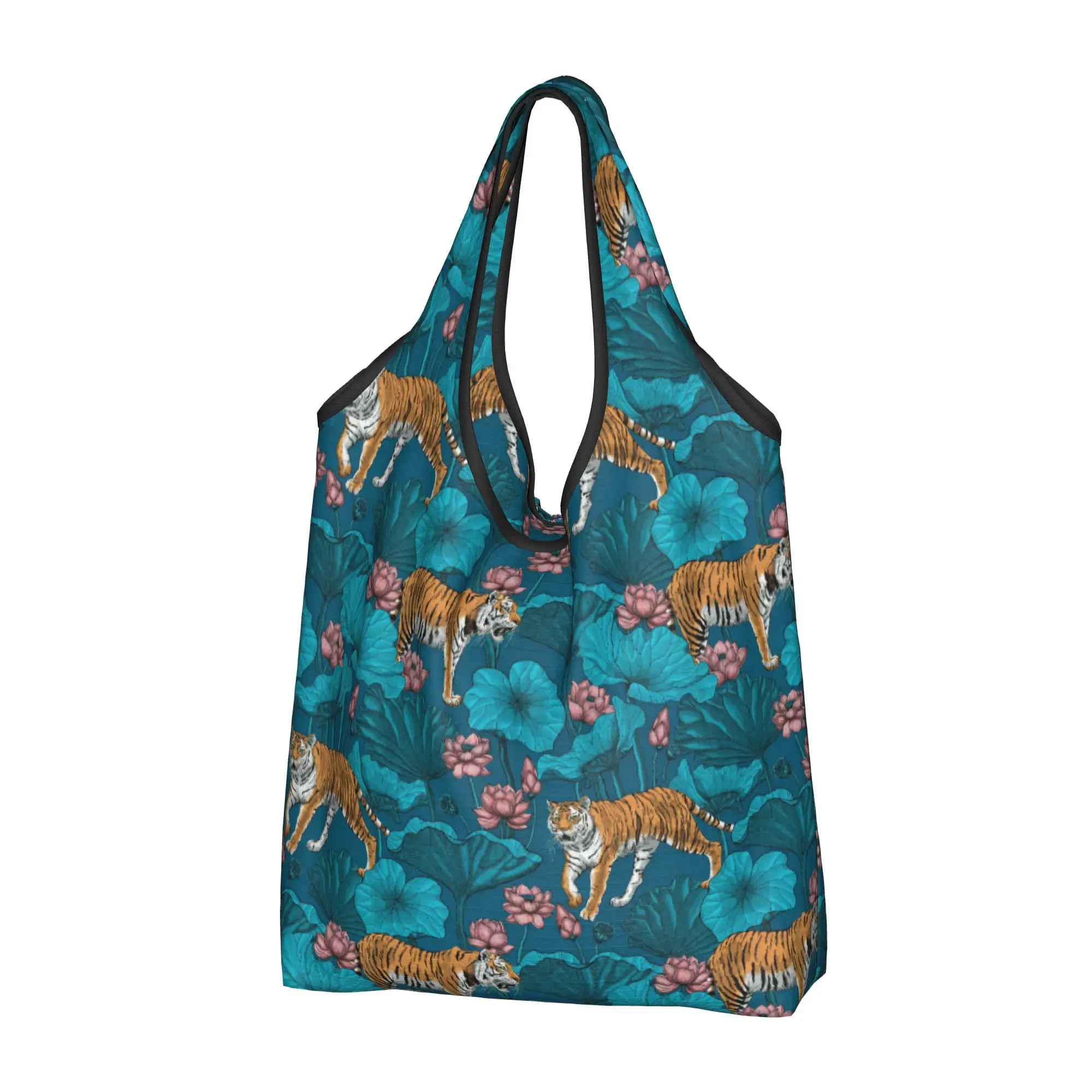 Kawaii Printed Tigers in The Lotus Pond Shopping Tote Bags Portable Shoulder Shopper Large Cat Animal  Handbag