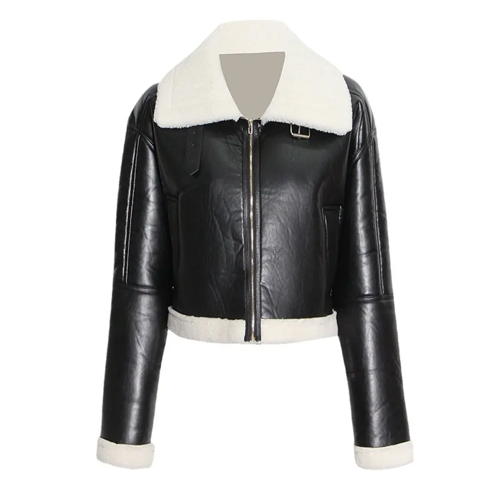 

Women's High-End Leather Jacket Lapel Long-Sleeved Fashion Brand Design Thickened Lamb Wool Autumn New Fashion for Ladies