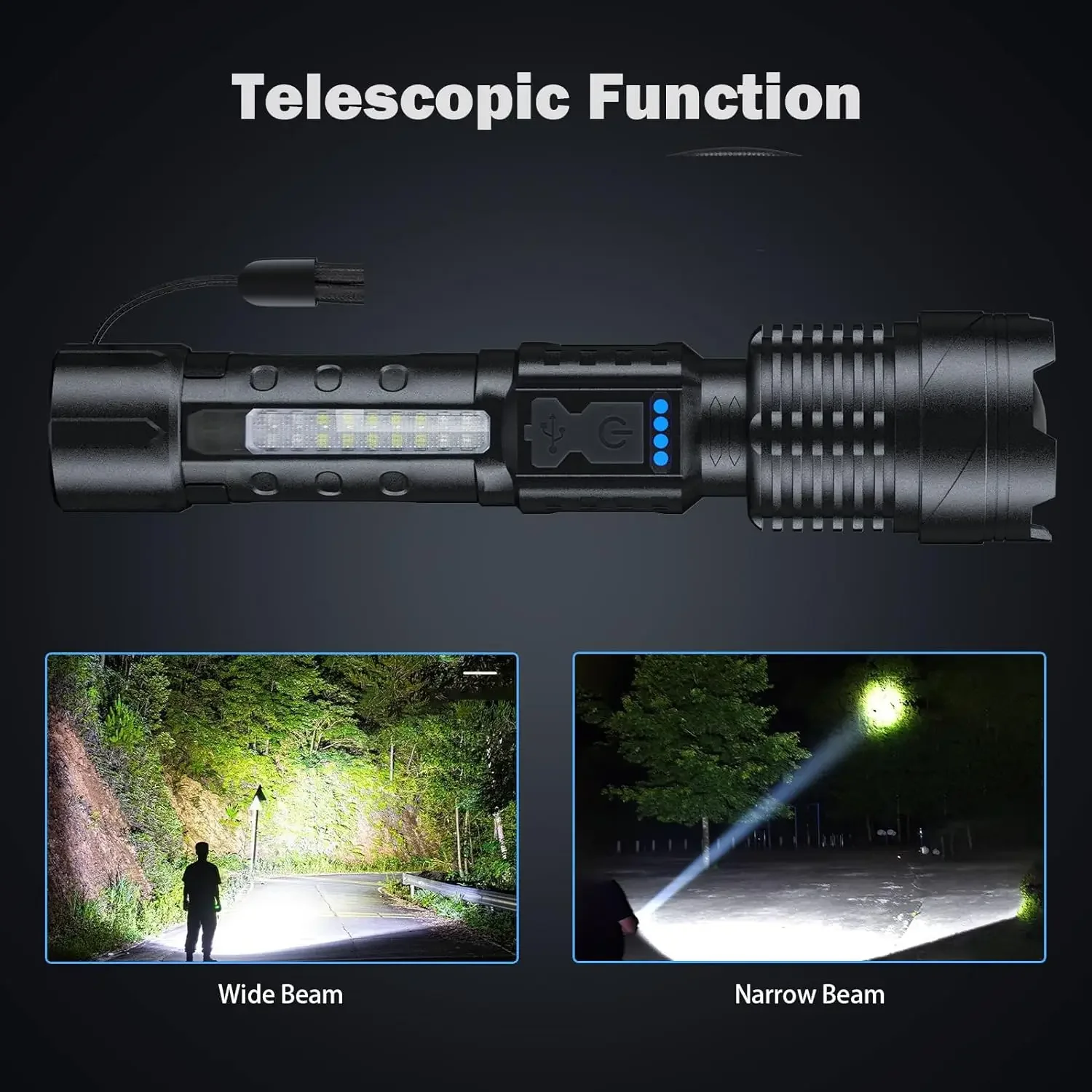 High Strong Power Led Zoom Flashlights Portable USB Rechargeable Tactical Light Emergency Spotlights with Power Display Torch