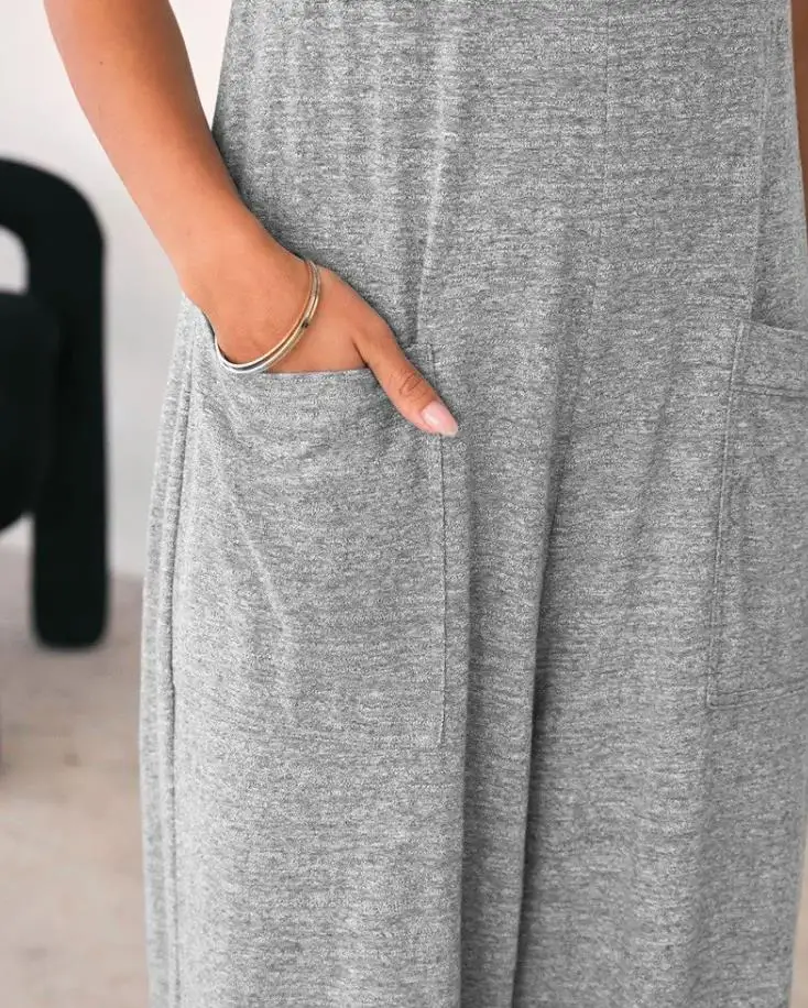 Jumpsuit For Women 2022 Fashion Grey Pocket Design Spaghetti Strap  Casual Home Daily Chic Loose Wide Leg Cami Jumpsuit