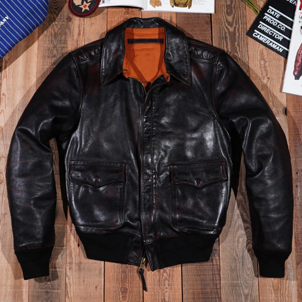 Vintage Fashion US A2 Bomber Coat Men's Jacket Horsehide Slim Fit Aviation Genuine Leather Coat Winter Outdoor Coats Windbreaker