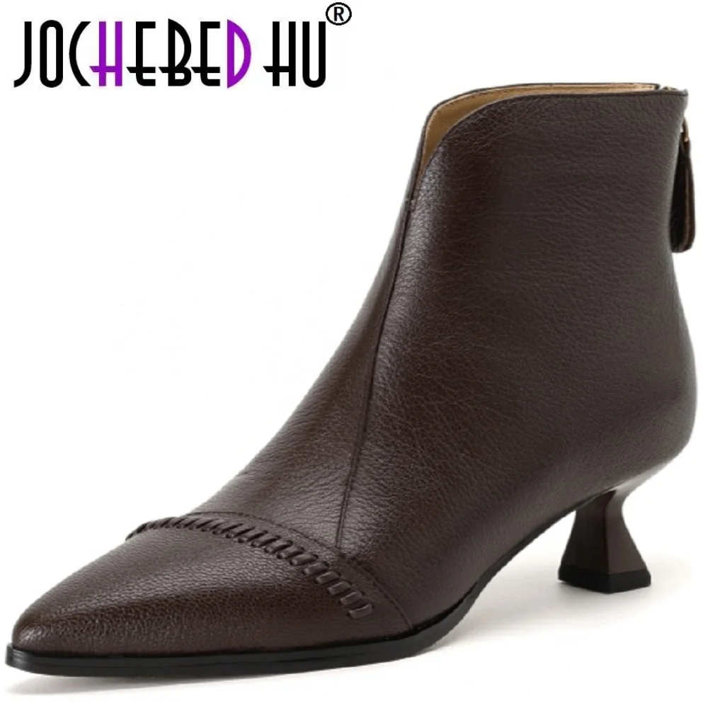 

【JOCHEBED HU】Women Handmade Genuine Leather Pointed toe back zip ankle boots elegant ladies Mid heel daily dress shoes 34-40