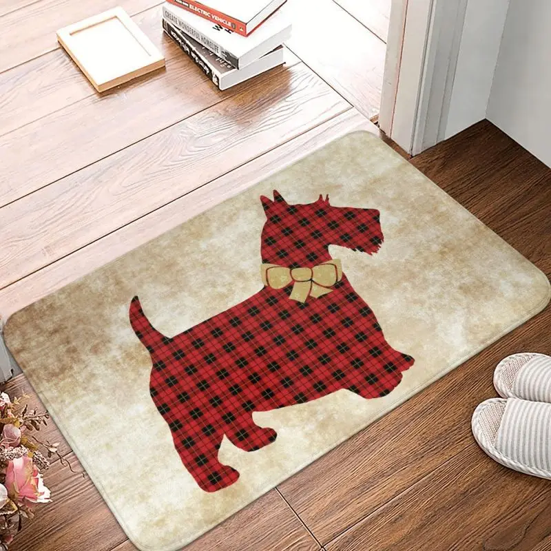 Scottie Dog Tartan Plaid Front Door Mat Anti-Slip Indoor Quick Dry Scottish Terrier Doormat Floor Bathroom Entrance Rug Carpet