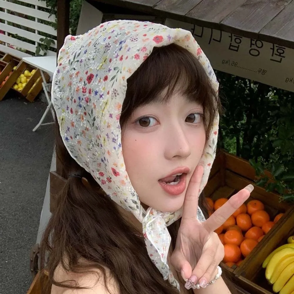 

Sweet Breathable Spring Silk Scarves Pastoral Style Cotton Triangular Headband Thin Colorful Floral Headscarf Vacation