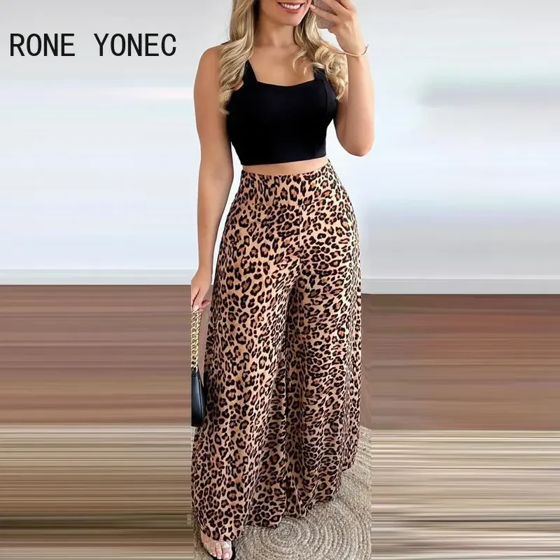 Women Chic Solid Sleeveless Thick Straps Crop Top& Leopard Pattern Bottoms Pants Sets