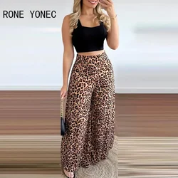 Women Chic Solid Sleeveless Thick Straps Crop Top& Leopard Pattern Bottoms Pants Sets