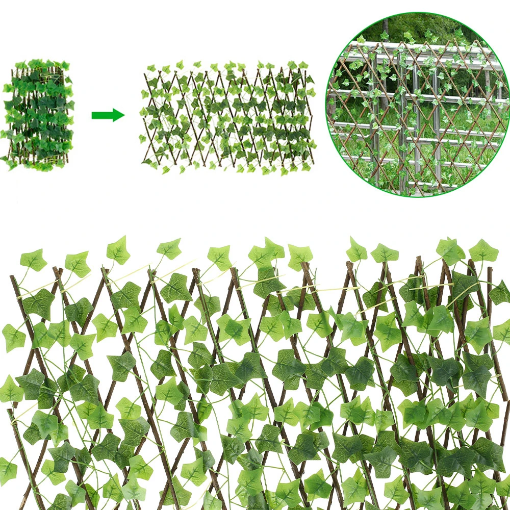Neue Gartensiebung, erweiterbares Spalier, Sichtschutz, Hecke, künstliche Efeublätter, Holzzaun, künstliches Gartenspalier