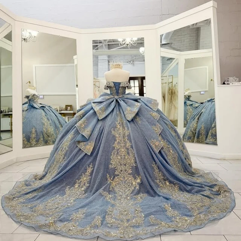 맞춤형 반짝이는 블루 킨세아녜라 드레스 오프 숄더 골든 글리터 데칼 레이어링 보우 롱테일 베스티도 15 킨세아녜라