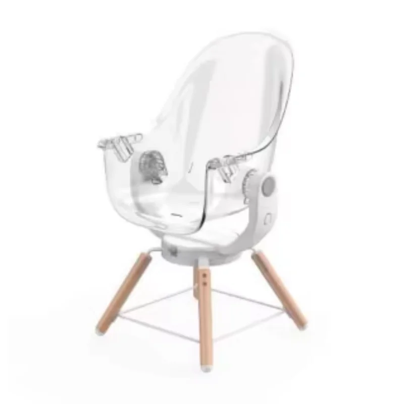 Baby and Toddler High Chair with Clear Seat and 360° Swivel, White and Grey with Wooden Legs