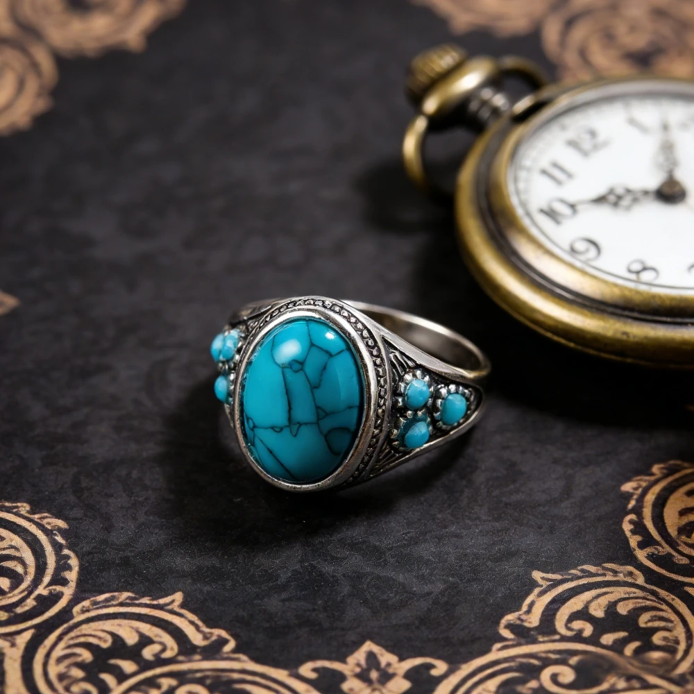 A New Creative Turquoise Ring Alloy Silver Plated Old Women\'s European and American Engagement Gift Ring