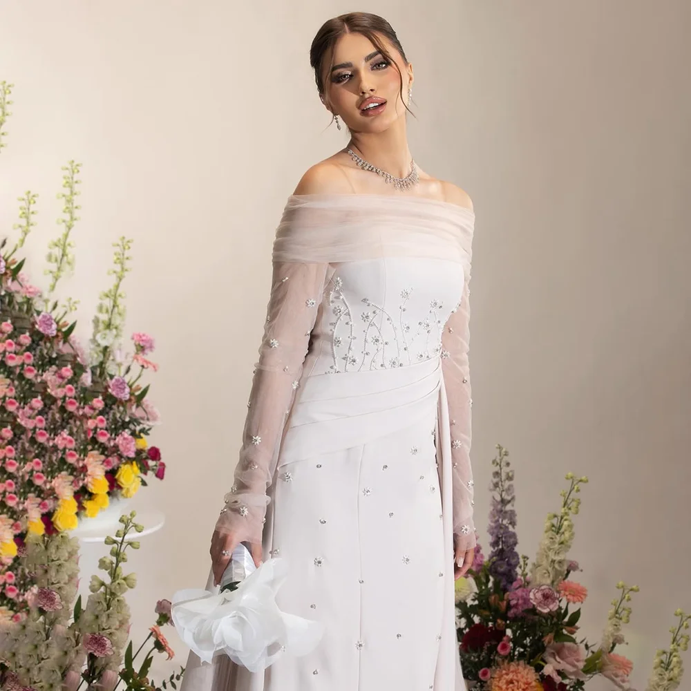 Robes de soirée de mariage élégantes col bateau manches longues perles robes de soirée exquises drapée balayage Train robe de soirée personnalisée