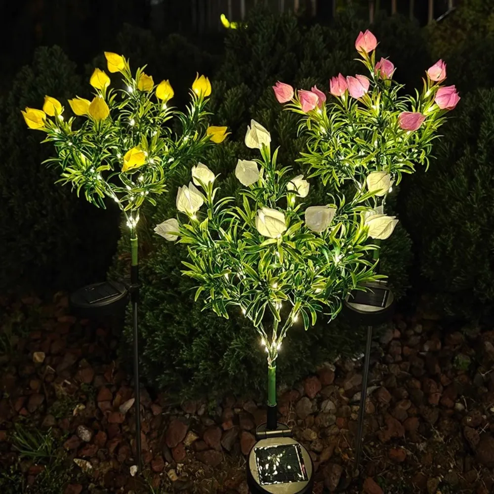 Solar Gardenia Stake Lights Outdoor Waterproof Warm White LED Floral Branch Lights  Solar Powered Flower Bush Landscape Decor