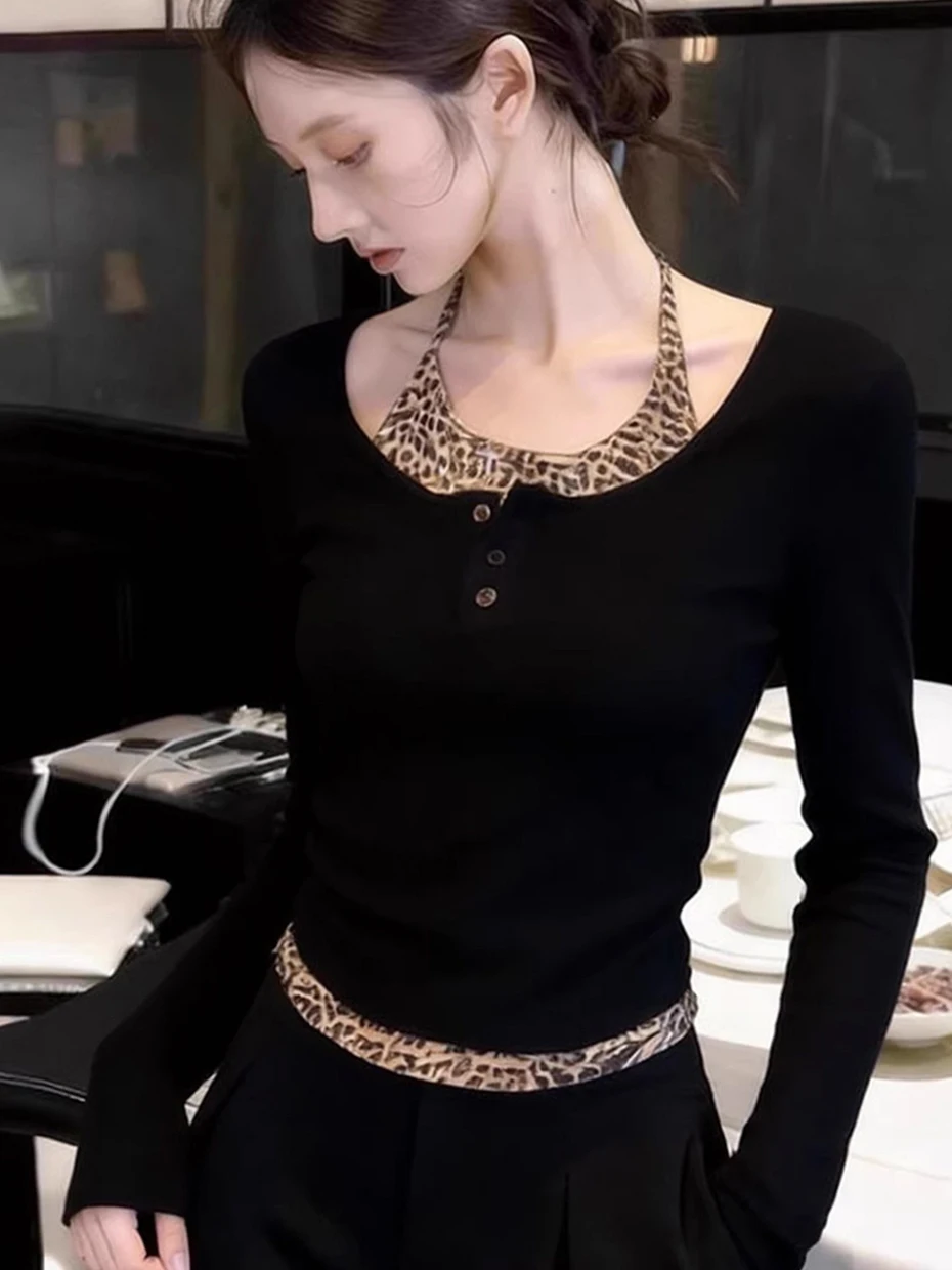 

Женская футболка с длинным рукавом в американском стиле с леопардовым принтом, подчеркивающая талию, модная, универсальная, для весны