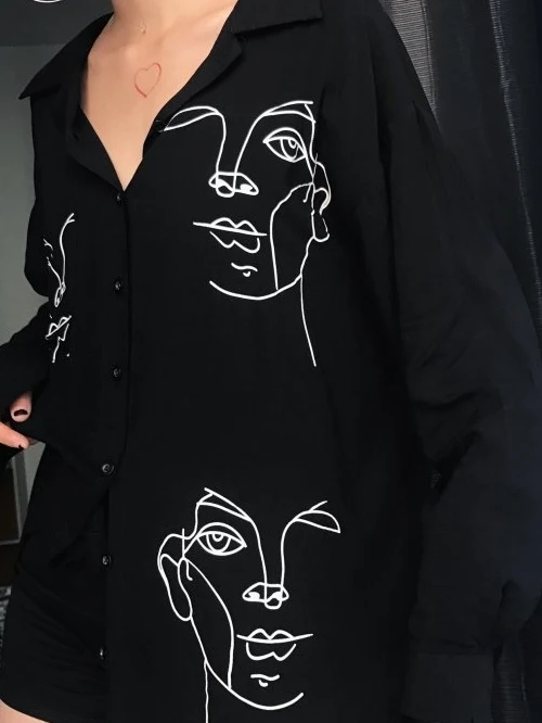

Loose Cartoon Print Long Sve irt Women's Street Sle Casual Faion Comfortable Fit Printed Blouse Spring Summer