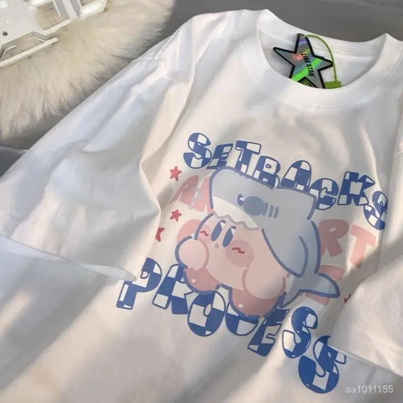 New Kawaii Cute Kirbys T-Shirt Oversize Short Sleeve Summer Loose Cartoon Print Fashion Top Girl Birthday Gifts Girlfriend Gifts