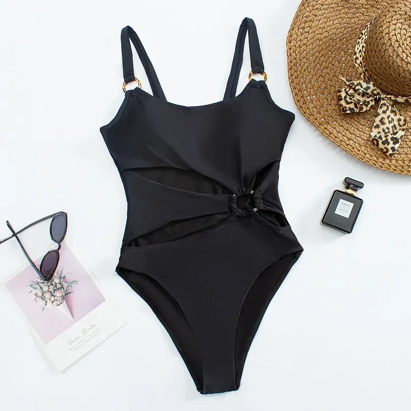 Conjunto de Bikini Sexy de una pieza para mujer, traje de baño de Color sólido con tirantes huecos, traje de baño sin espalda a la moda, conjunto de Bikini de cintura baja