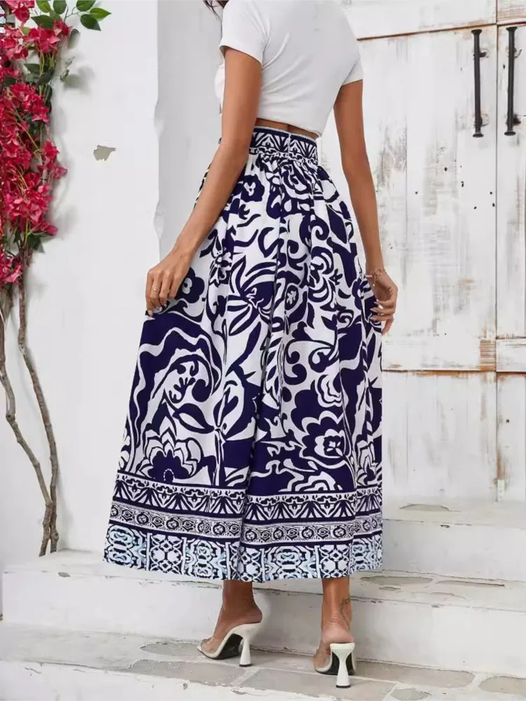 Summer Chinese Style Floral Print Long Skirt Women Loose Ruffle Pleated Ladies Skirts Fashion Woman A-Line High Waist Skirts