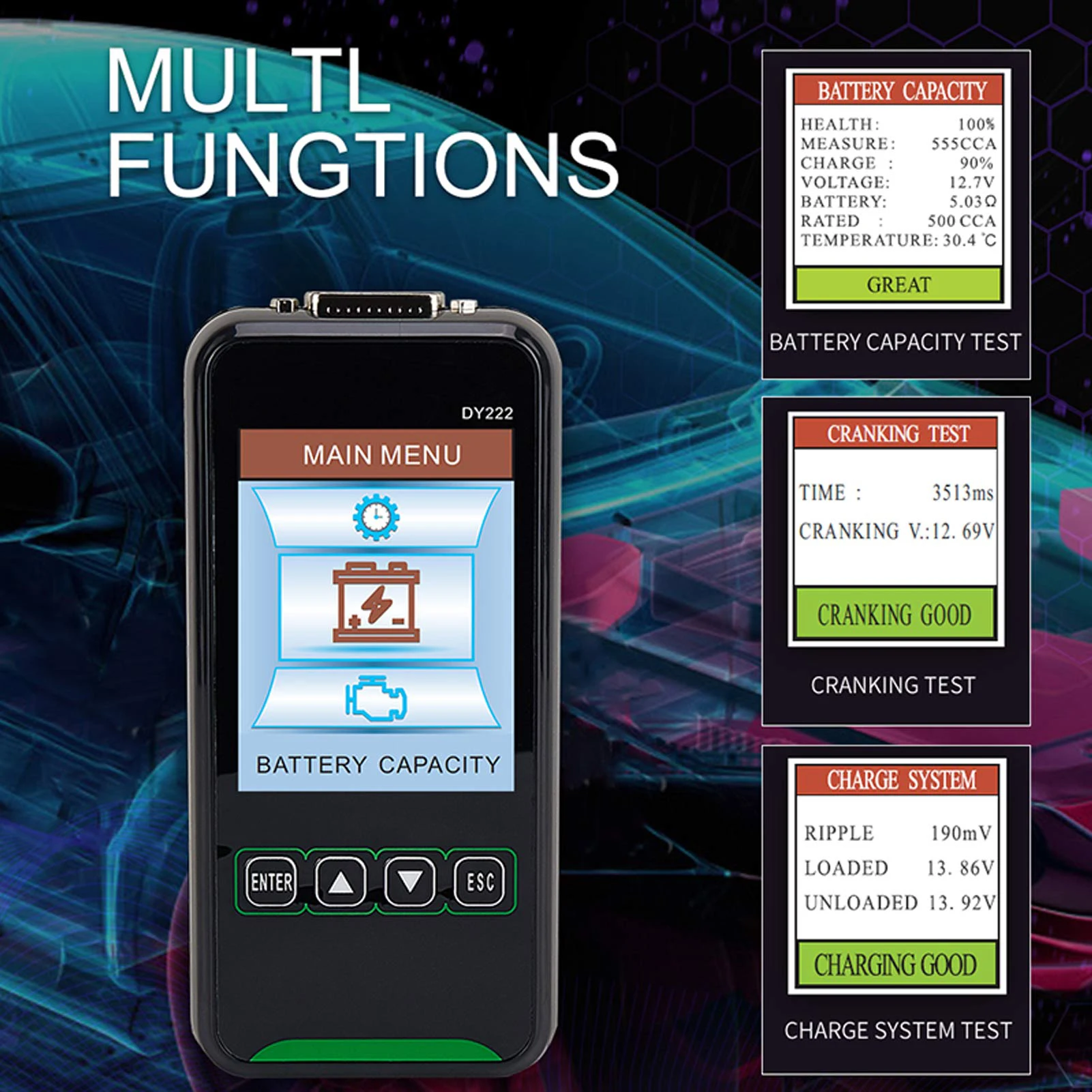 DY222 For battery Condition Analyzer for 12V 24V Vehicles Featuring 3.2 inch LCD and Cranking Power Assessment