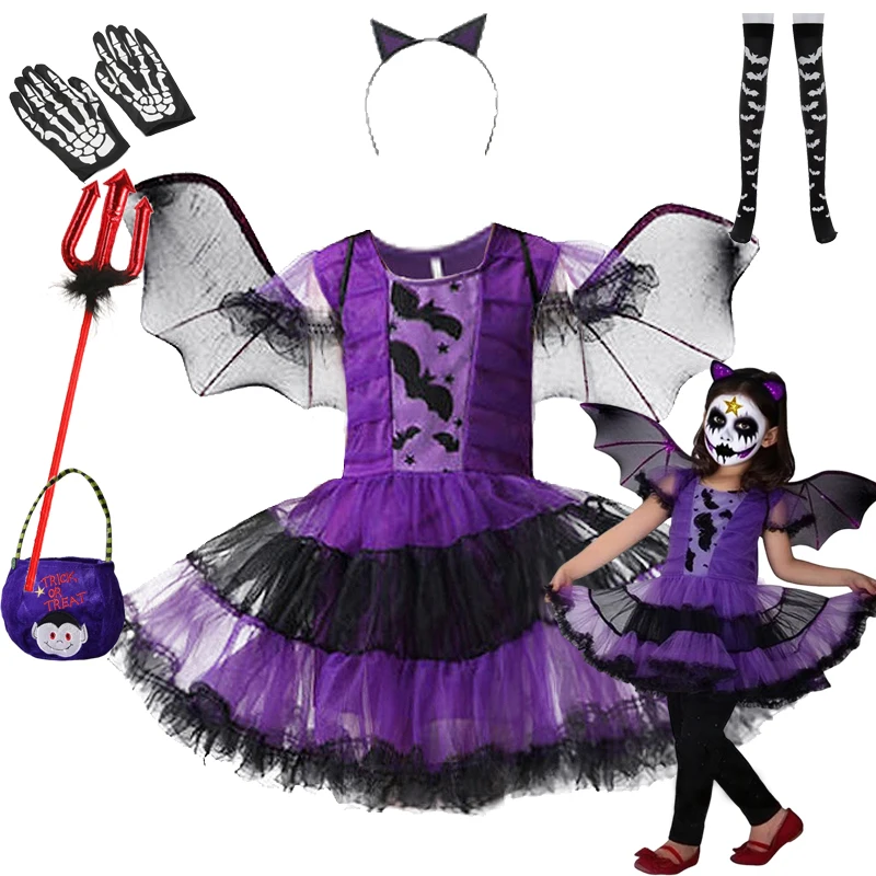 

Halloween 2025 Cosplay Vampire Costumes for Girls Purple Bat Children's Fancy Dress Carnival Party Dress Up Party Clothes