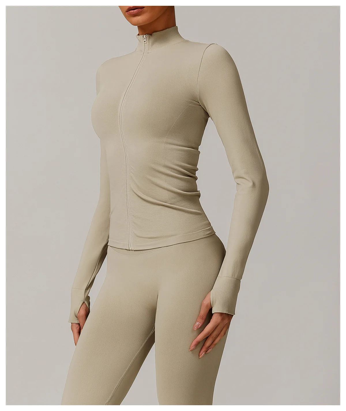 Women's Seamless Long Sleeve Yoga Top Ribbed High Neck Full Zip Slim Fit Sports Jacket Thumb Hole Workout Gym Running Activewear