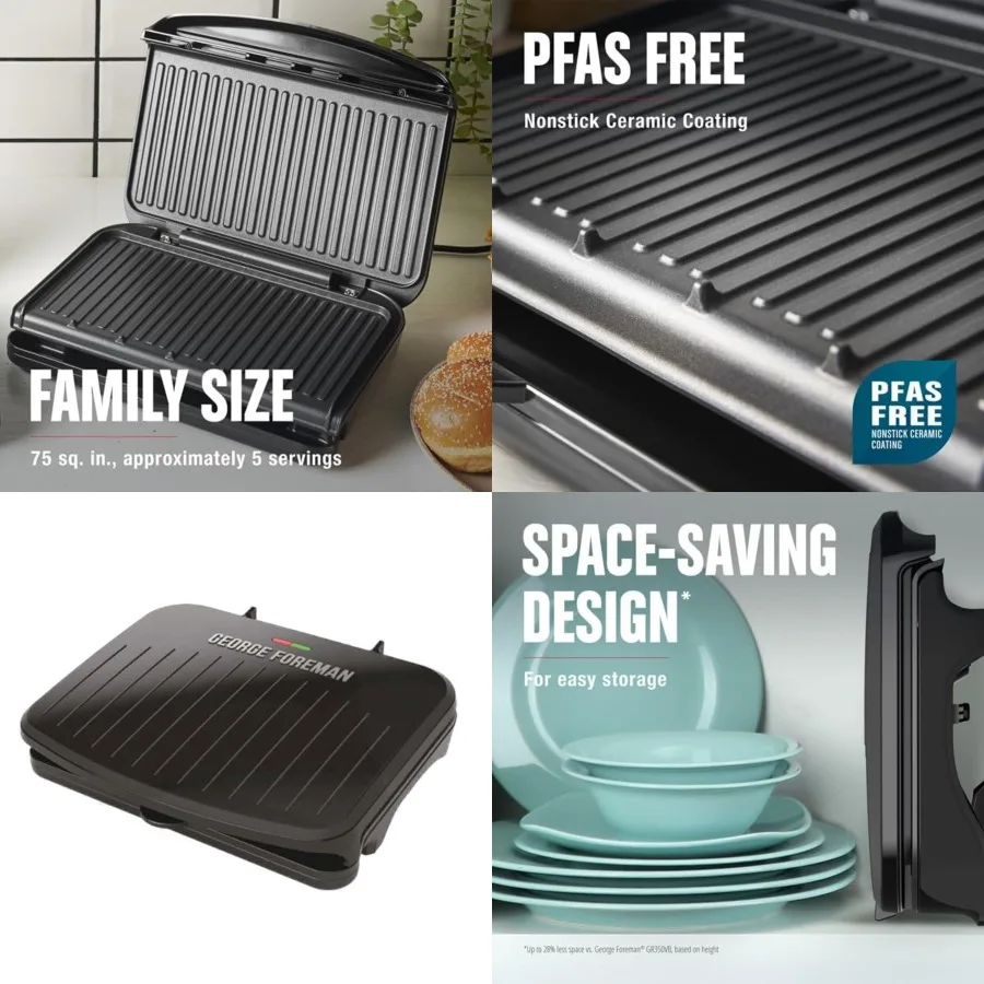

Family-Size Grill Panini Press, Nonstick Ceramic Coating, Fat-Removing Slope, Adjustable Angle, Indoor/Outdoor Use
