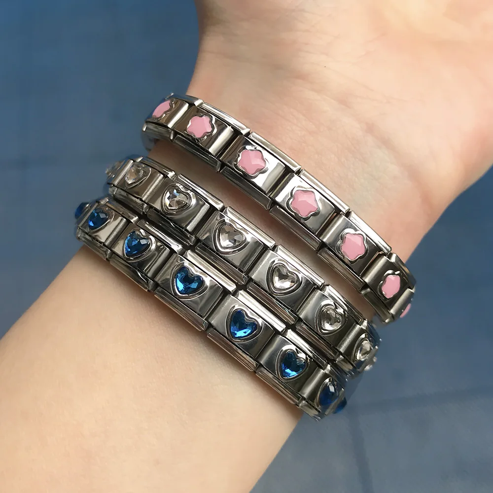 Fashion Tide Women Heart Colorful Zirconia Italian Charm Link Fit 9mm Stainless Steel Bracelets Making DIY Jewelry Gifts