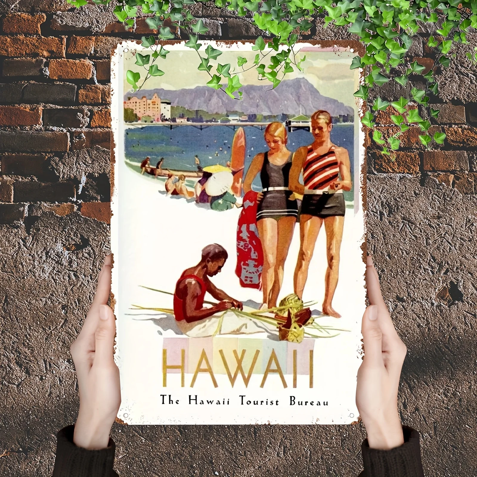 Art Deco Style Hawaii Travel Poster, Vintage Retro Iron Tin Sign, Multipurpose Wall Hanging Decor for Home, Man Cave, No El