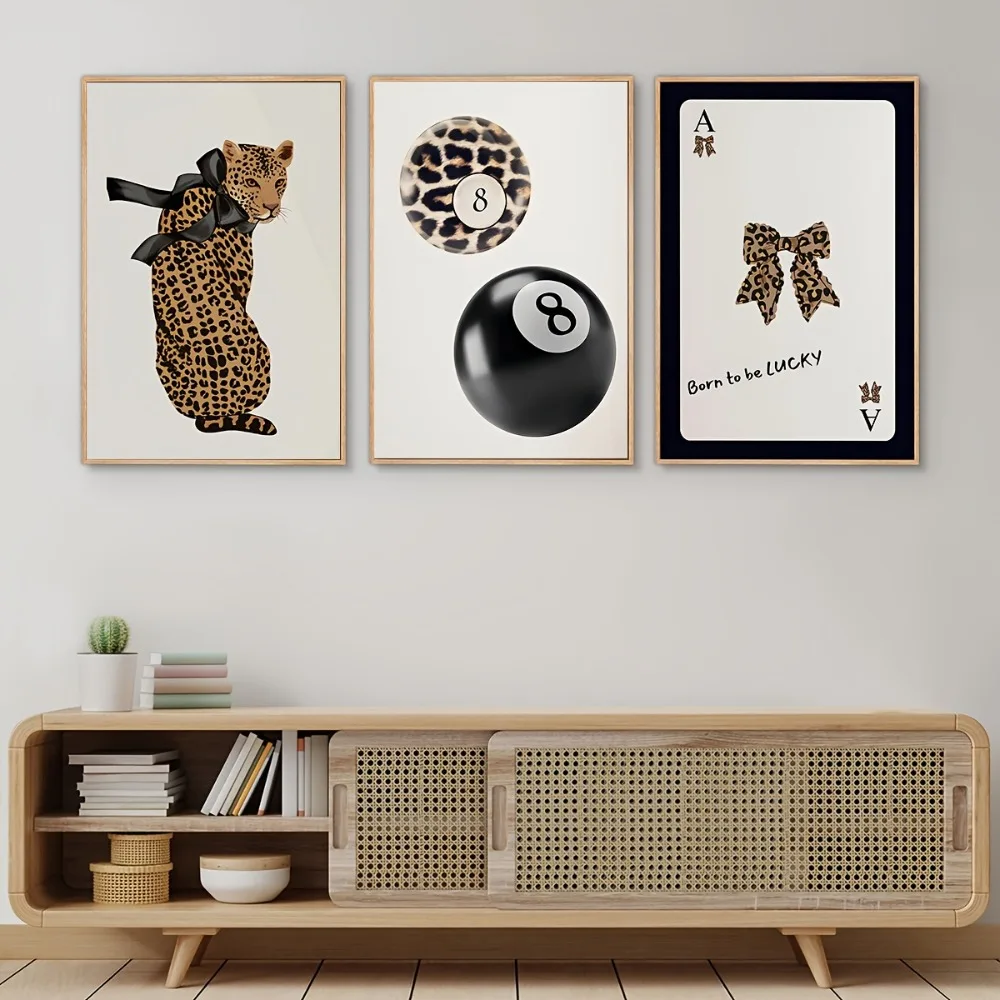 3pcs Frameless Modern Gorgeous Canvas Wall,Leopard and Bow Tie Playing Card Printing,Indoor Poster Living Room and Bedroom Decor