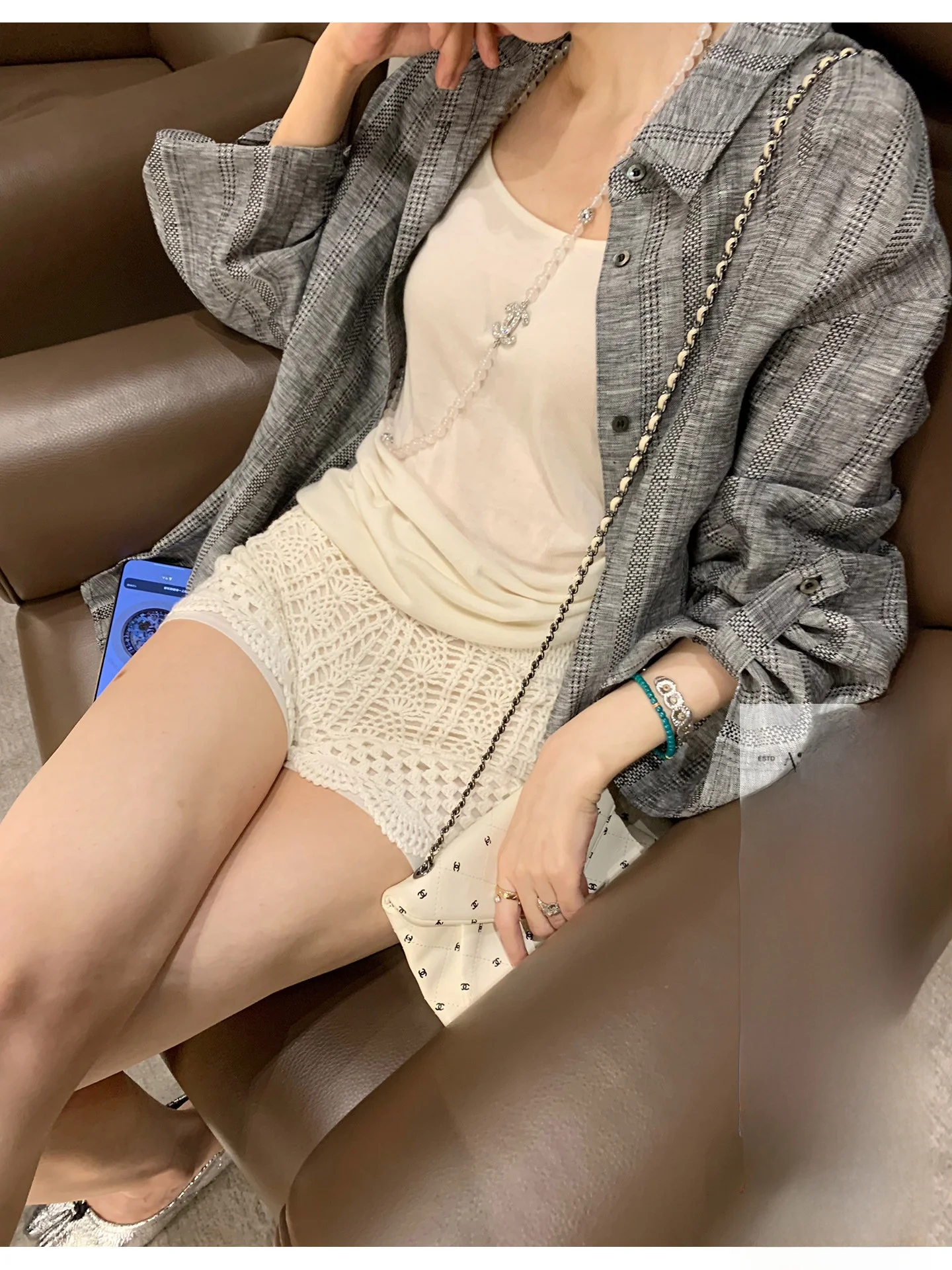 

Handmade Hook Needle Hollow Knitted Vaion Sle Elastic Waist orts Summer New Arrival Women's Slim Fit Straight Leg Pants