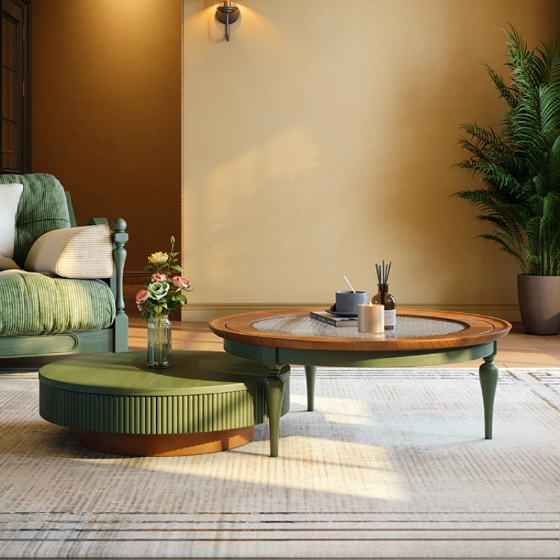 

Retro style coffee table living room size round combination solid wood coffee table French retro small apartment living room ash