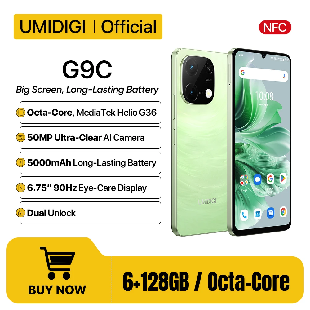 UMIDIGI G9C MTK helio G36 Android 14 smartphone 6+6GB 128GB 6.75” HD+ displej 50MP kamera NFC 5000mah dvojí SIM karta mobil