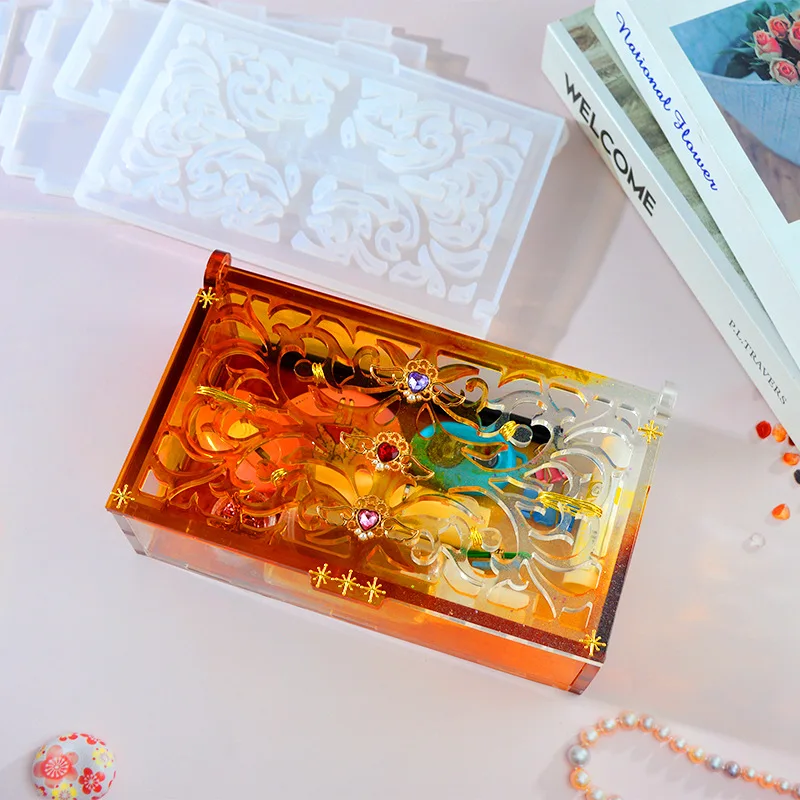 DIY Mirror Silicone Mold Square Flip-top Collection Box Pattern Hollow Storage Box Resin Silicone Mould Home Decoration Molds