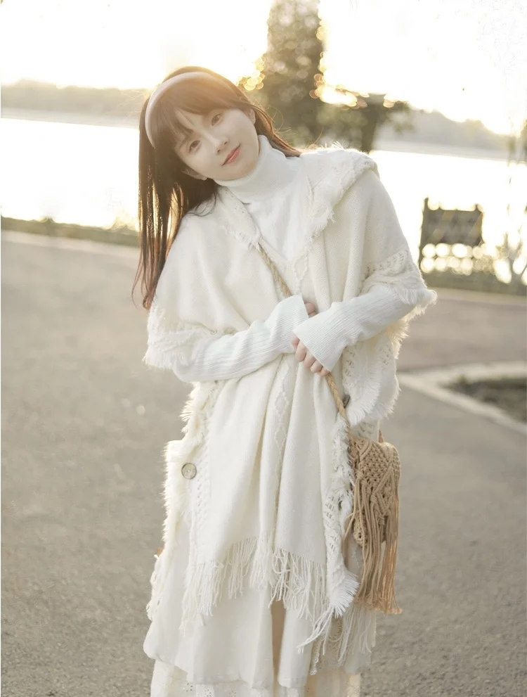 후드 크로셰 망토 판초 숄 - 여성용 Boho Chic 프린지 니트 랩, 봄-가을 다용도 겉옷