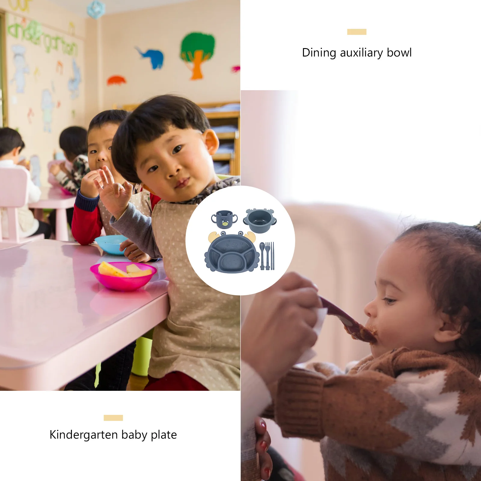 

1 комплект детской посуды, обеденная тарелка из пшеничной соломы, столовые приборы, нескользящий детский обеденный поднос, идеальные столовые приборы для малышей