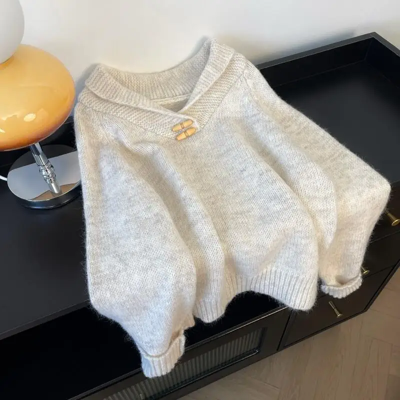 حجم كبير فتاة تريكو كسول نمط البقرة القرن مشبك رمادي التلبيب سترة للنساء في أوائل الربيع راجلان الأكمام المرأة سترة