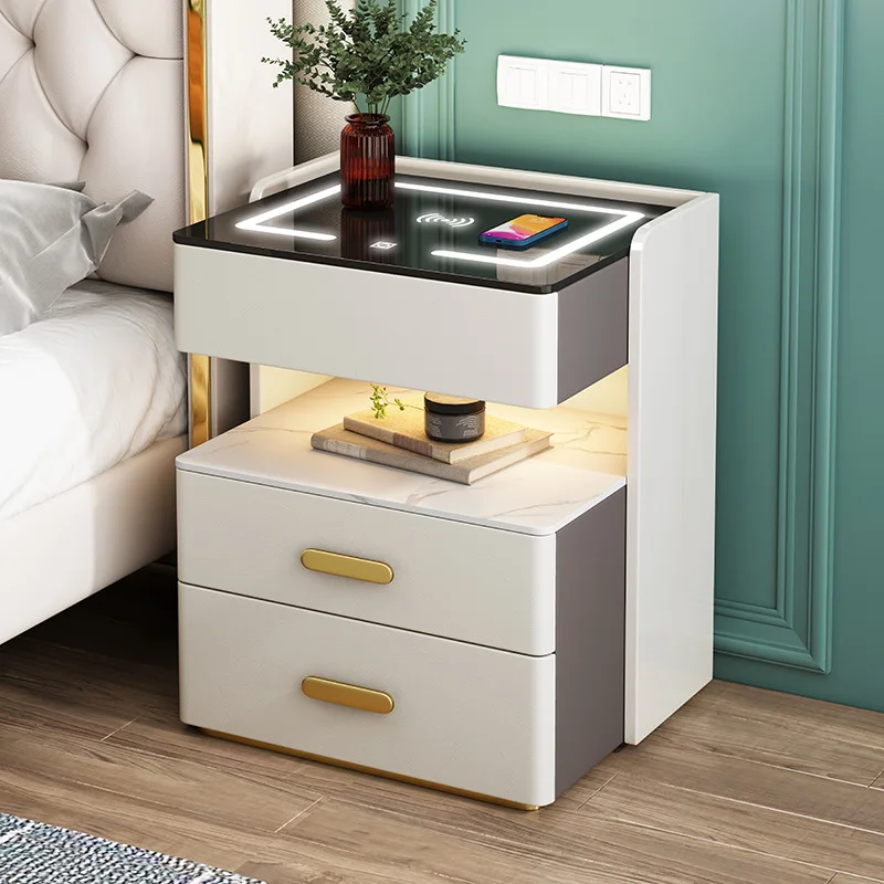 حار بيع طاولة السرير الذكية مع شحن لاسلكي منضدة جلدية فاخرة الحديثة منضدة السرير الجداول لغرفة النوم