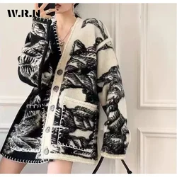 Women Vintage Oversized Geometric Knitting Long Sleeve V-neck Cardigans 2023 Winter Fashion Casual Single Breasted Sweater