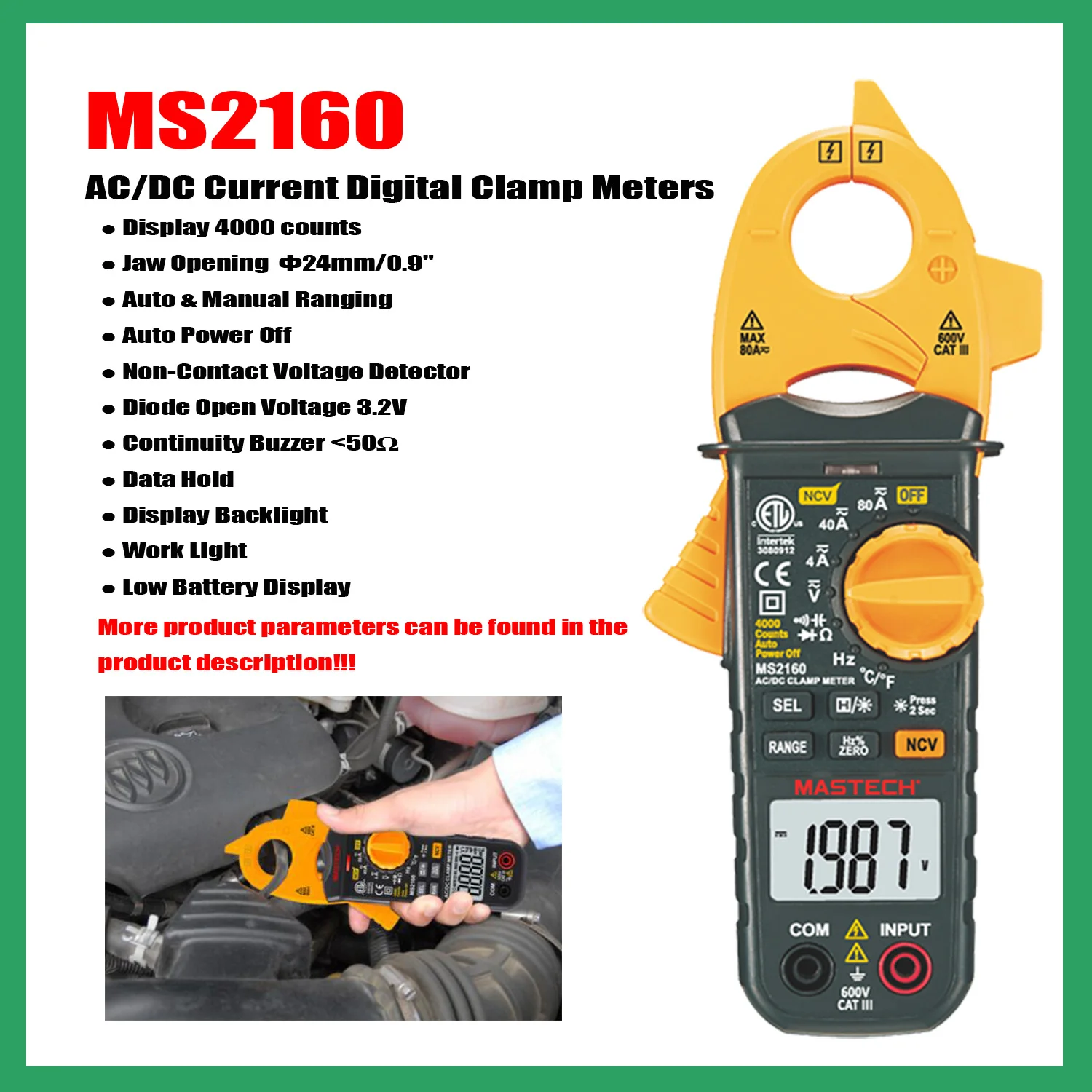 MASTECH MS2160 AC/DC Current Digital Clamp Meters Electrical Instrument Tool Jaw Opening:Ф24mm,Non-Contact Voltage Detector.