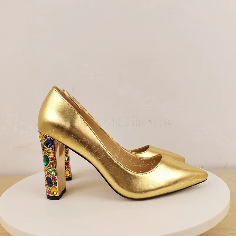 

Colorful Crystal Heel Gold Pointed Toe Pumps Slip On Women Shoes Chunky High Heels Party Banquet Dating 2025 Zapatos Para Mujere