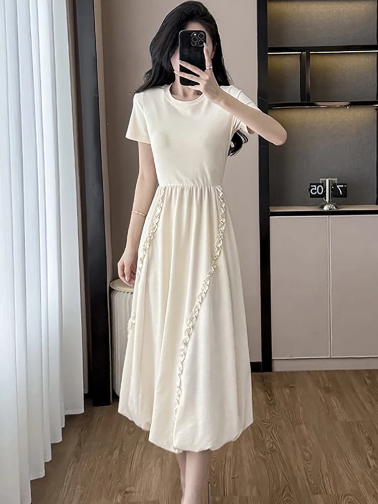 

2025 белое повседневное длинное платье с коротким рукавом и круглым вырезом, летнее модное лоскутное платье для выпускного вечера с рюшами, женское корейское облегающее вечернее платье
