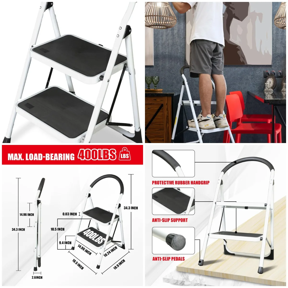 

2-Step Folding Ladder with Anti-Slip Pedal, Padded Handle, 400 lb Capacity – Kitchen, Office, Household