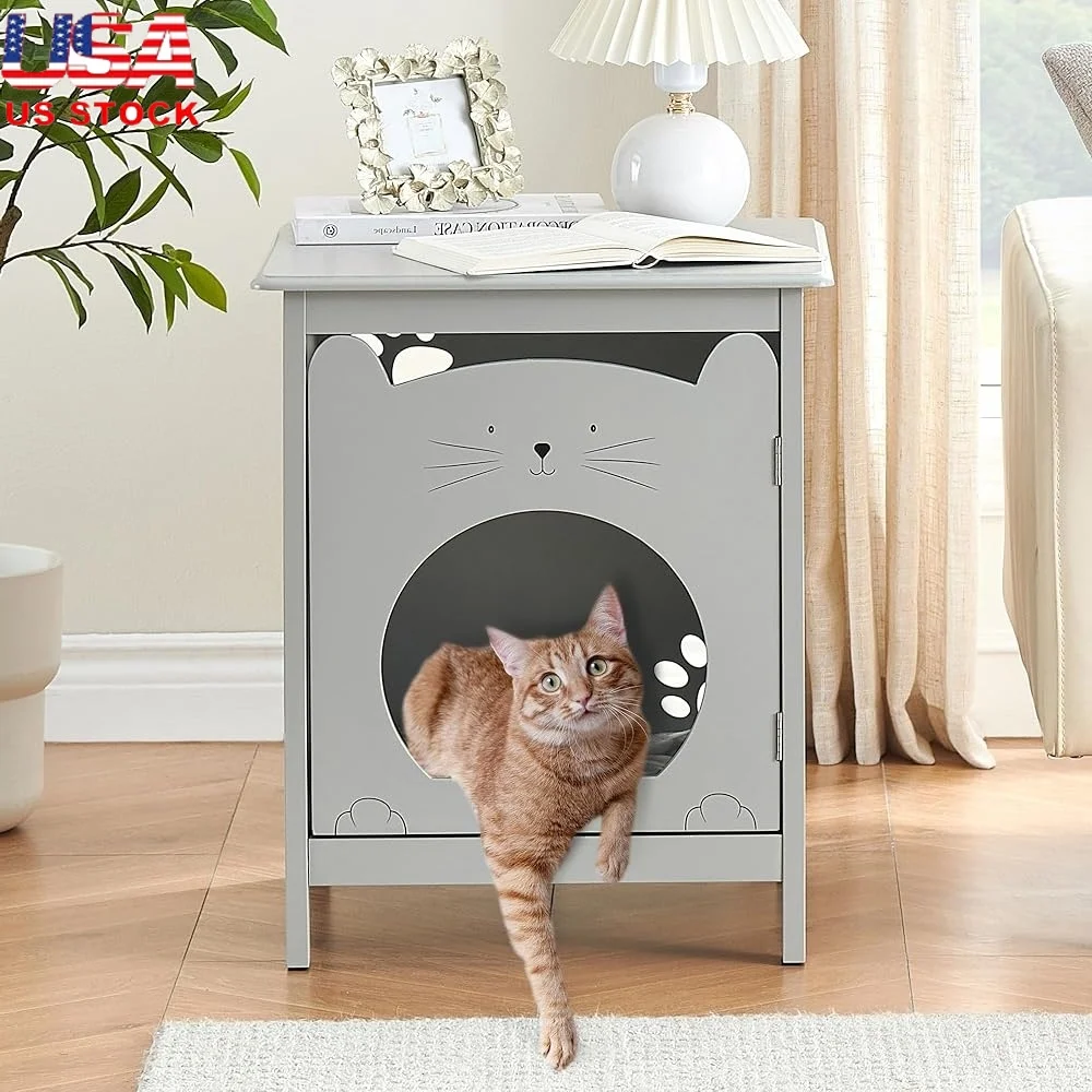 

Cat Litter Box Enclosure Hidden Pet House Cat Furniture Cabinet with Door Cozy Design Storage Night Stand Pet Crate