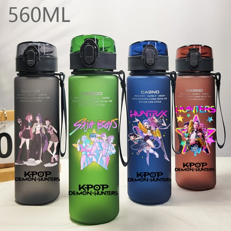 

560ML KPop Demon Hunters Sports Water Bottle Leak Proof Frosted Plastic Drinking Cup Outdoor Sport Fitness Portable Water Bottle