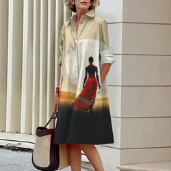 Summer 3D Printed Long Sleeve Shirt Dress Women's Fall Single Breasted Commuter Casual Elegant Party Dresses Temperament Dresses
