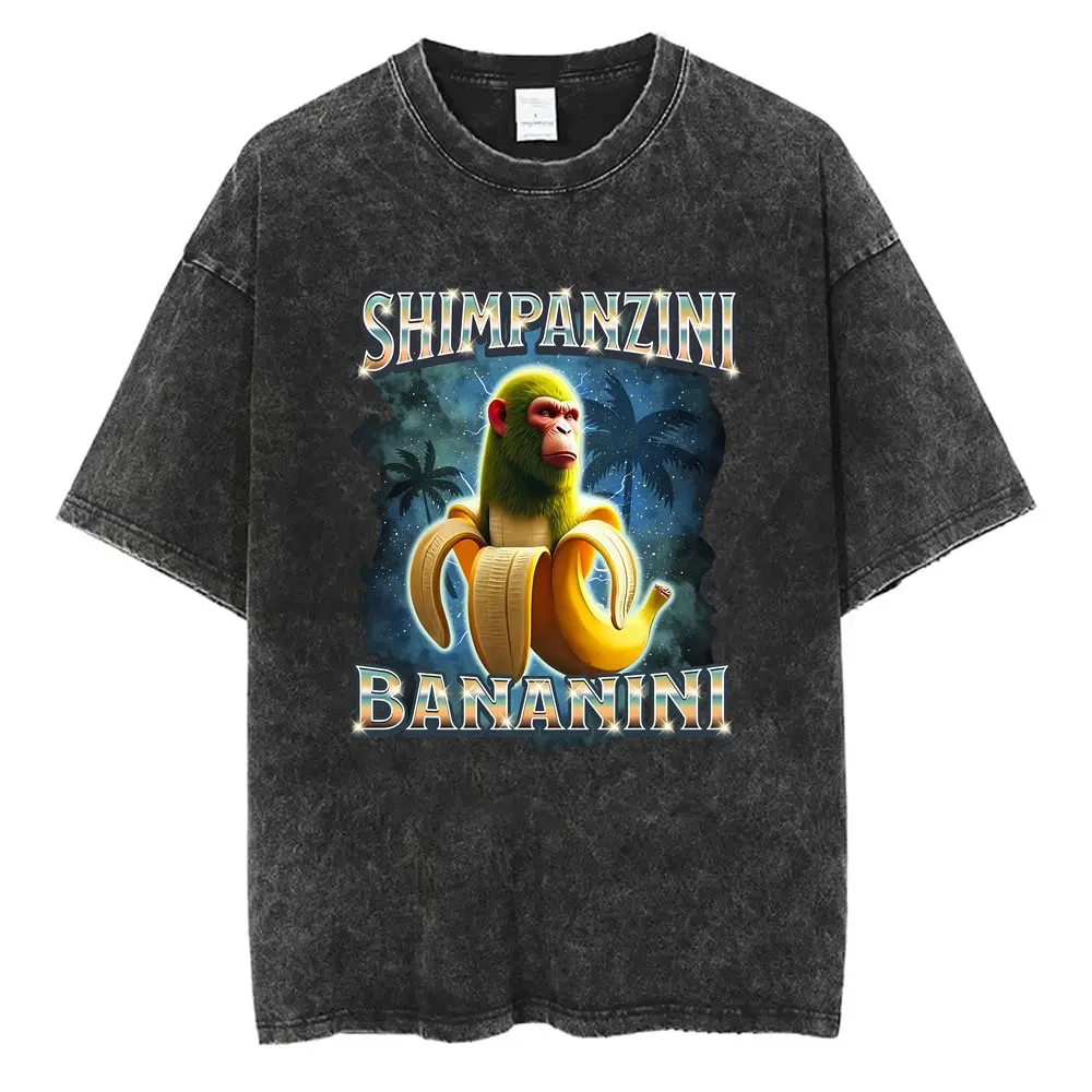 

Italian Brainrot Shimpanzini Bananini Vintage Washed T-shirts Banana Monkey Funny Meme T Shirts Men Women Fashion Casual T-shirt
