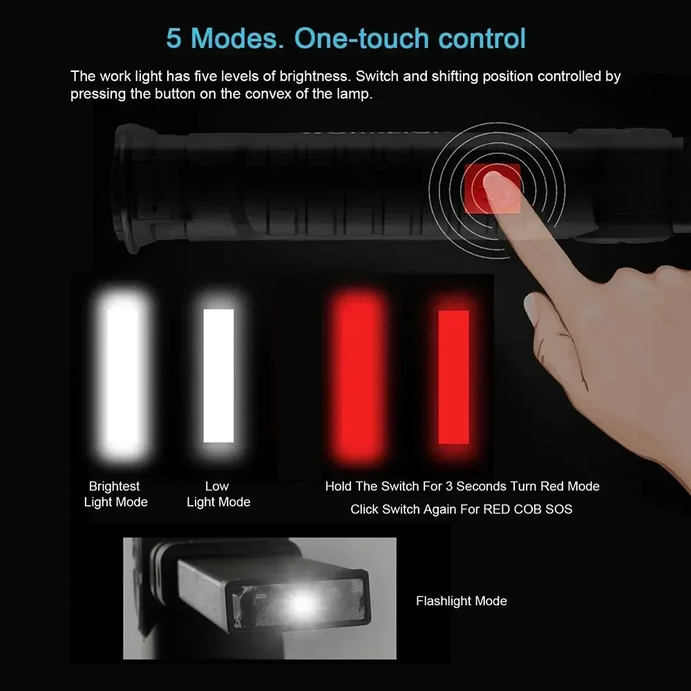 Rechargeable Camping LED Flashlight Work Light with Magnet and Hook IP64 Waterproof 5 Lighting Modes Suitable for Night Work