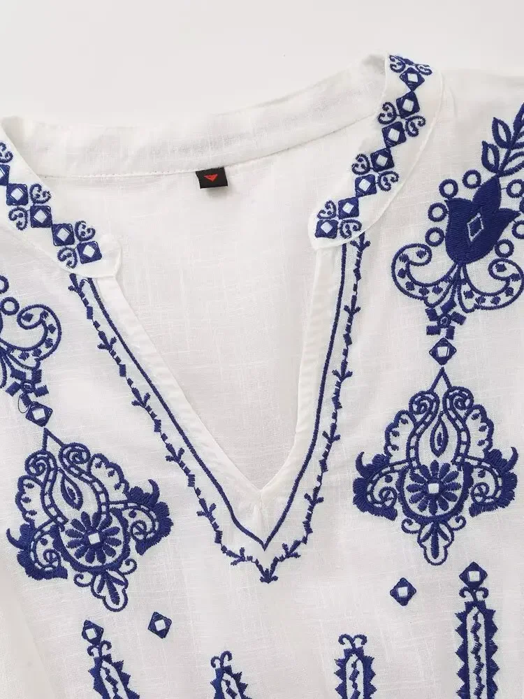 ヴィンテージ気質 V ネックの女性のファッションルーズペプラムシャツ女性のエスニックスタイル刺繍文学長袖シャツ