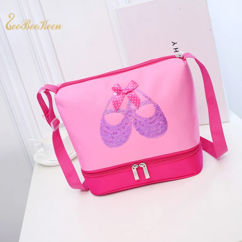 Girls Ballet Dance Bags 2 Layers Ballet Bag Embrory Sequins Ballerina Children Dance Bag Kids Pink Crossbody Bag For Dancing